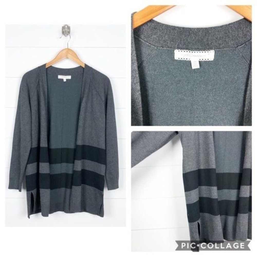 Pointelle Women Gray Black Stripe‎ Open Front Long Sleeve Cardigan Sweater M